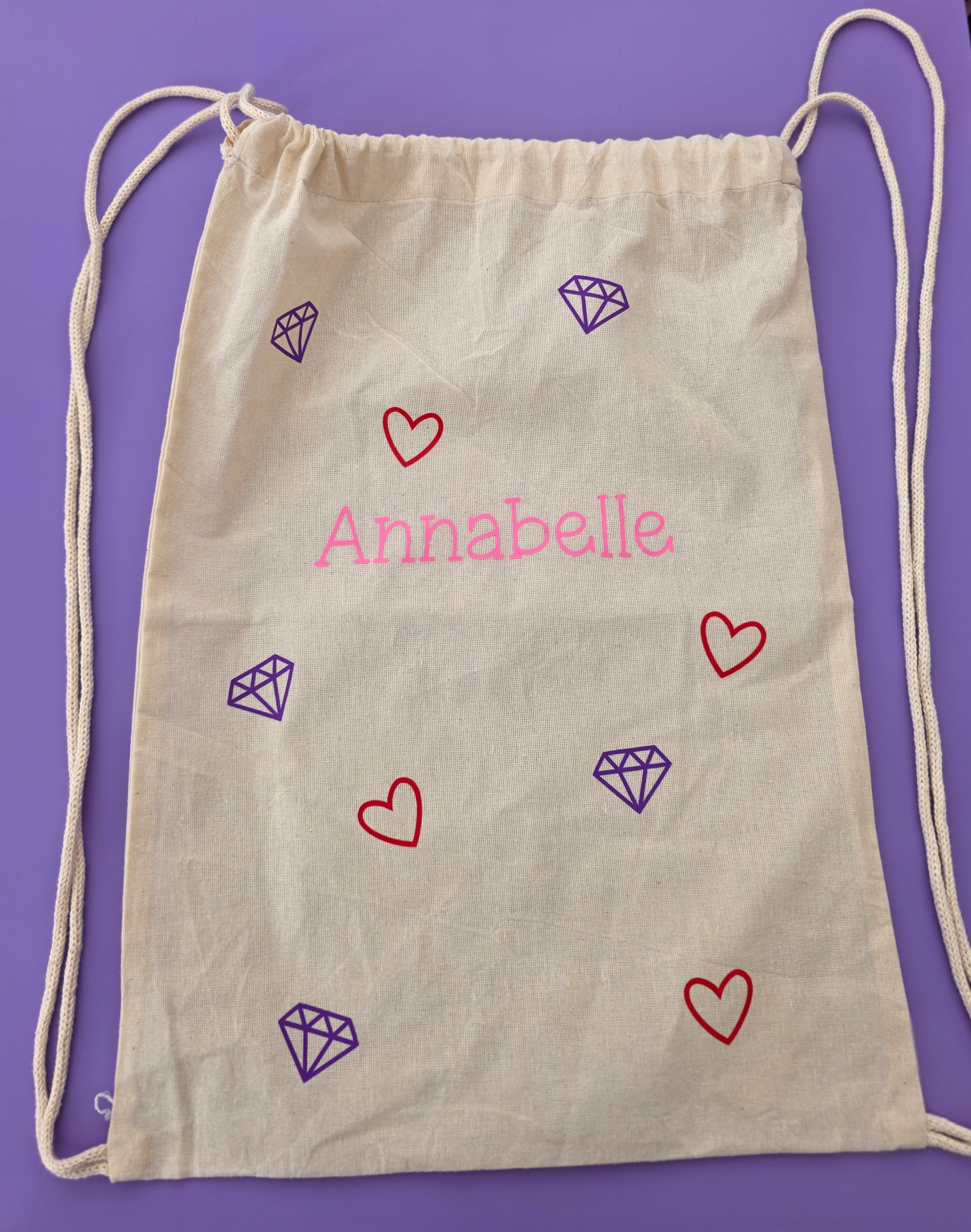 Personalised Hearts and Diamonds Canvas Drawstring Bag